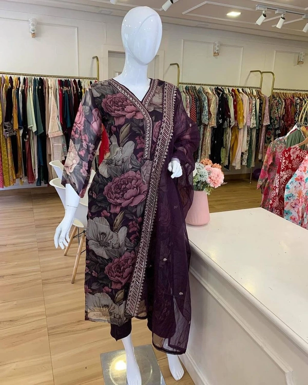 FWBE MASLIN SUIT WITH EMBROIDERY WORK AND STITCHED PANT WITH DUPATTA - XXL-44, Purple