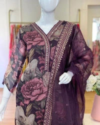 FWBE MASLIN SUIT WITH EMBROIDERY WORK AND STITCHED PANT WITH DUPATTA - XXL-44, Purple