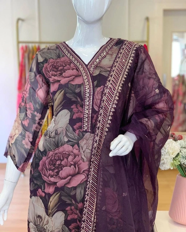 FWBE MASLIN SUIT WITH EMBROIDERY WORK AND STITCHED PANT WITH DUPATTA - XXL-44, Purple