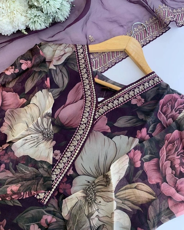 FWBE MASLIN SUIT WITH EMBROIDERY WORK AND STITCHED PANT WITH DUPATTA - XXL-44, Purple