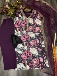 FWBE MASLIN SUIT WITH EMBROIDERY WORK AND STITCHED PANT WITH DUPATTA - XXL-44, Purple