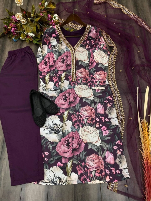 FWBE MASLIN SUIT WITH EMBROIDERY WORK AND STITCHED PANT WITH DUPATTA - XXL-44, Purple