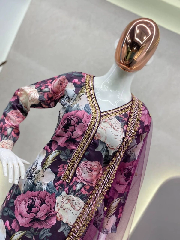 FWBE MASLIN SUIT WITH EMBROIDERY WORK AND STITCHED PANT WITH DUPATTA - XXL-44, Purple
