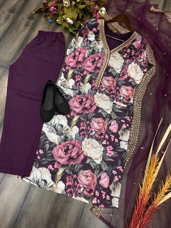FWBE MASLIN SUIT WITH EMBROIDERY WORK AND STITCHED PANT WITH DUPATTA - XXL-44, Purple