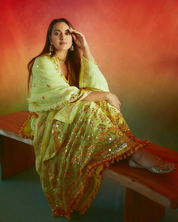 FWBE SEQUANCE EMBROIDERY WORK SUIT WITH STITCHED SARARA AND DUPATTA - M-38, Green