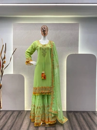 FWBE SEQUANCE EMBROIDERY WORK SUIT WITH STITCHED SARARA AND DUPATTA - M-38, Green