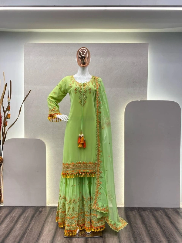 FWBE SEQUANCE EMBROIDERY WORK SUIT WITH STITCHED SARARA AND DUPATTA - M-38, Green