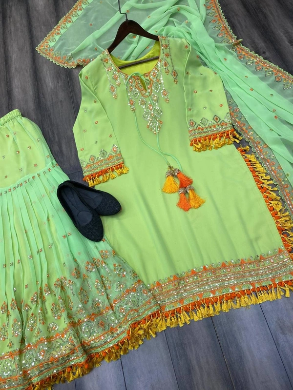 FWBE SEQUANCE EMBROIDERY WORK SUIT WITH STITCHED SARARA AND DUPATTA - M-38, Green