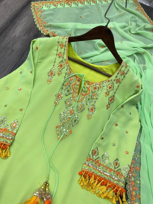 FWBE SEQUANCE EMBROIDERY WORK SUIT WITH STITCHED SARARA AND DUPATTA - M-38, Green