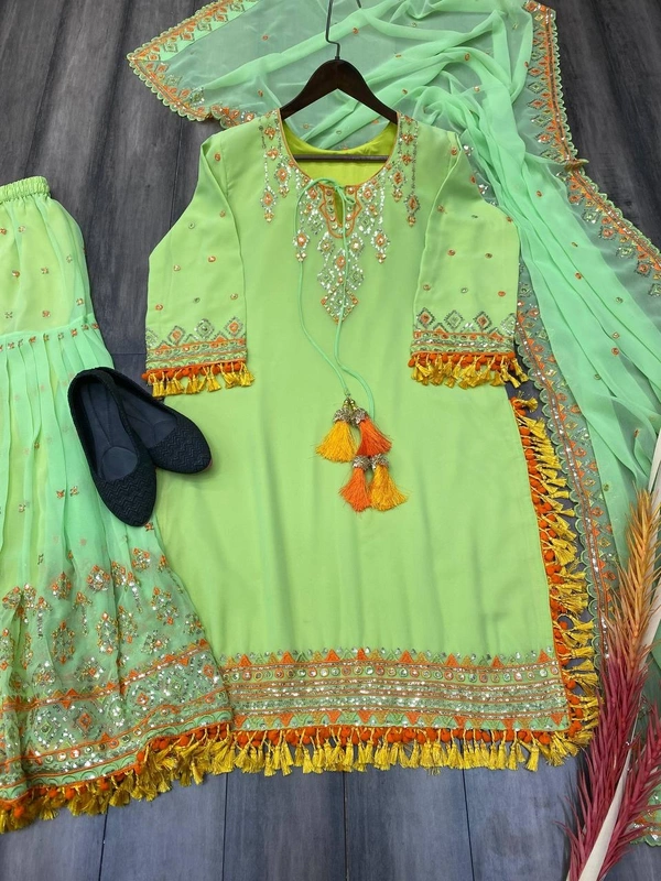 FWBE SEQUANCE EMBROIDERY WORK SUIT WITH STITCHED SARARA AND DUPATTA - M-38, Green