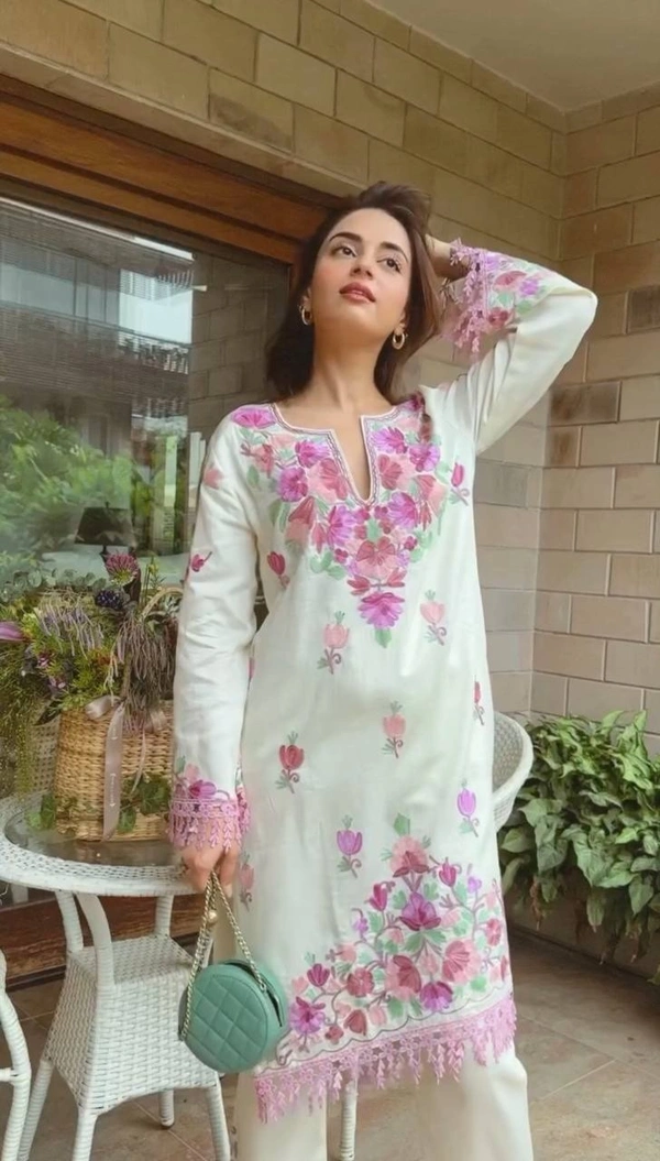 FWBE DESIGNER TOP WITH COTTON THREAD EMBROIDERED WORK AND WORK PANT - M-38, White