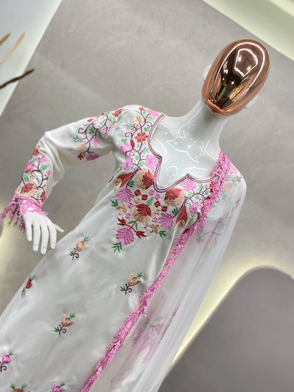FWBE DESIGNER TOP WITH COTTON THREAD EMBROIDERED WORK AND WORK PANT - M-38, White
