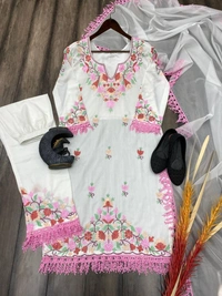 FWBE DESIGNER TOP WITH COTTON THREAD EMBROIDERED WORK AND WORK PANT - M-38, White