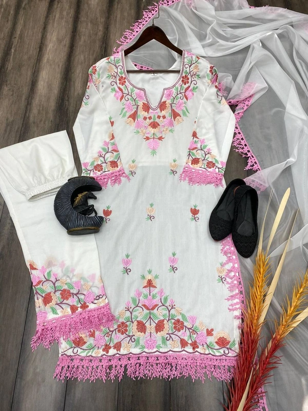 FWBE DESIGNER TOP WITH COTTON THREAD EMBROIDERED WORK AND WORK PANT - M-38, White