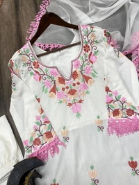FWBE DESIGNER TOP WITH COTTON THREAD EMBROIDERED WORK AND WORK PANT - M-38, White