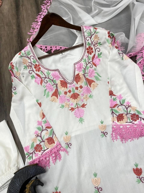 FWBE DESIGNER TOP WITH COTTON THREAD EMBROIDERED WORK AND WORK PANT - M-38, White