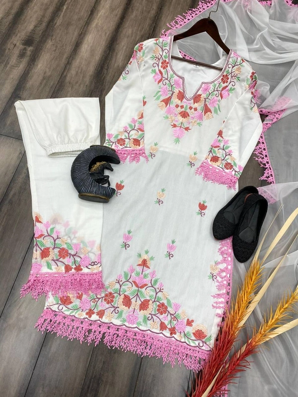 FWBE DESIGNER TOP WITH COTTON THREAD EMBROIDERED WORK AND WORK PANT - M-38, White