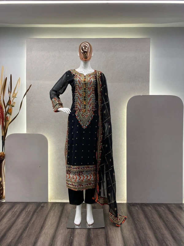FWBE EID SPECIAL FAUX GEORGETTE SEQUANCE EMBROIDERY WORK SUIT WITH STITCHED PANT AND DUPATTA - M-38, Black