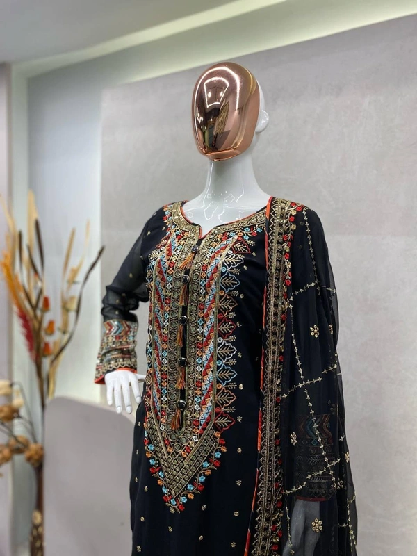 FWBE EID SPECIAL FAUX GEORGETTE SEQUANCE EMBROIDERY WORK SUIT WITH STITCHED PANT AND DUPATTA - M-38, Black