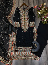 FWBE EID SPECIAL FAUX GEORGETTE SEQUANCE EMBROIDERY WORK SUIT WITH STITCHED PANT AND DUPATTA - M-38, Black