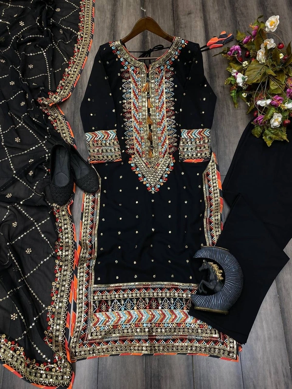 FWBE EID SPECIAL FAUX GEORGETTE SEQUANCE EMBROIDERY WORK SUIT WITH STITCHED PANT AND DUPATTA - M-38, Black