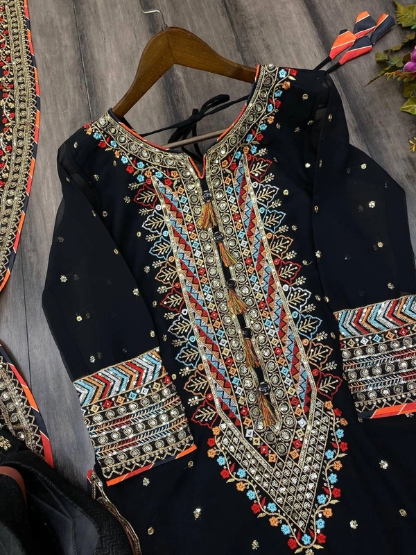 FWBE EID SPECIAL FAUX GEORGETTE SEQUANCE EMBROIDERY WORK SUIT WITH STITCHED PANT AND DUPATTA - M-38, Black