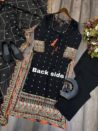 FWBE EID SPECIAL FAUX GEORGETTE SEQUANCE EMBROIDERY WORK SUIT WITH STITCHED PANT AND DUPATTA - M-38, Black
