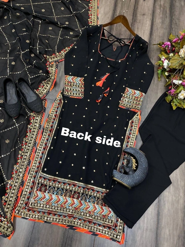 FWBE EID SPECIAL FAUX GEORGETTE SEQUANCE EMBROIDERY WORK SUIT WITH STITCHED PANT AND DUPATTA - M-38, Black