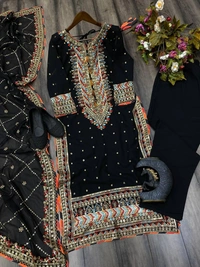 FWBE EID SPECIAL FAUX GEORGETTE SEQUANCE EMBROIDERY WORK SUIT WITH STITCHED PANT AND DUPATTA - M-38, Black