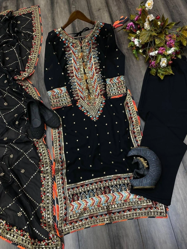 FWBE EID SPECIAL FAUX GEORGETTE SEQUANCE EMBROIDERY WORK SUIT WITH STITCHED PANT AND DUPATTA - M-38, Black