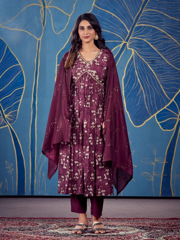 FWGC MODAL SILK ALIA CUT KURTI WITH BOTTOM AND DUPATTA - M-38, Wine Berry
