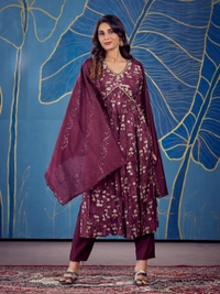 FWGC MODAL SILK ALIA CUT KURTI WITH BOTTOM AND DUPATTA - M-38, Wine Berry