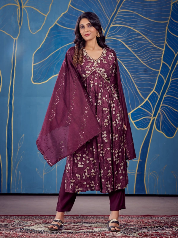 FWGC MODAL SILK ALIA CUT KURTI WITH BOTTOM AND DUPATTA - M-38, Wine Berry