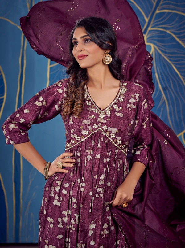 FWGC MODAL SILK ALIA CUT KURTI WITH BOTTOM AND DUPATTA - M-38, Wine Berry