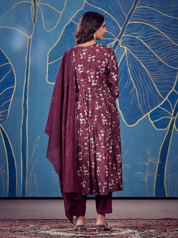 FWGC MODAL SILK ALIA CUT KURTI WITH BOTTOM AND DUPATTA - M-38, Wine Berry