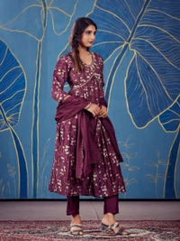 FWGC MODAL SILK ALIA CUT KURTI WITH BOTTOM AND DUPATTA - M-38, Wine Berry