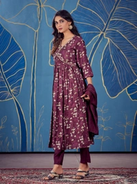 FWGC MODAL SILK ALIA CUT KURTI WITH BOTTOM AND DUPATTA - M-38, Wine Berry