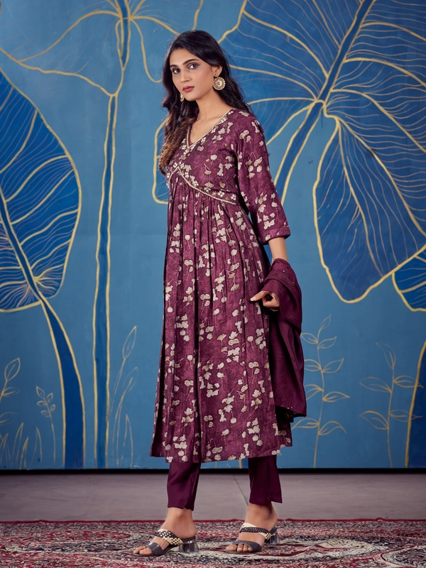FWGC MODAL SILK ALIA CUT KURTI WITH BOTTOM AND DUPATTA - M-38, Wine Berry