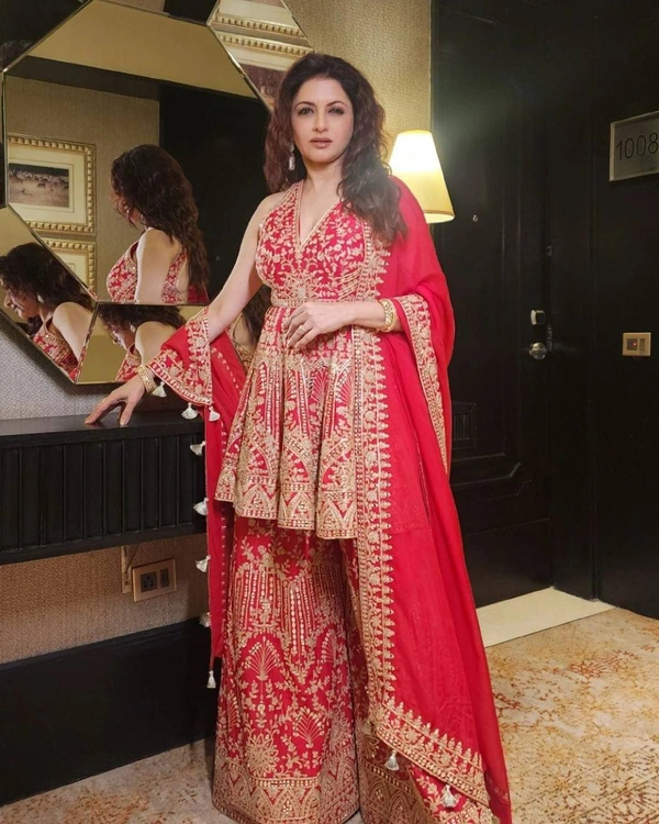 FWVFLC SEQUENCE EMBROIDERY WORK TOP WITH BEAUTIFUL FULLY EMBROIDERED GEORGETTE PLAZZO - XXL-44, Red