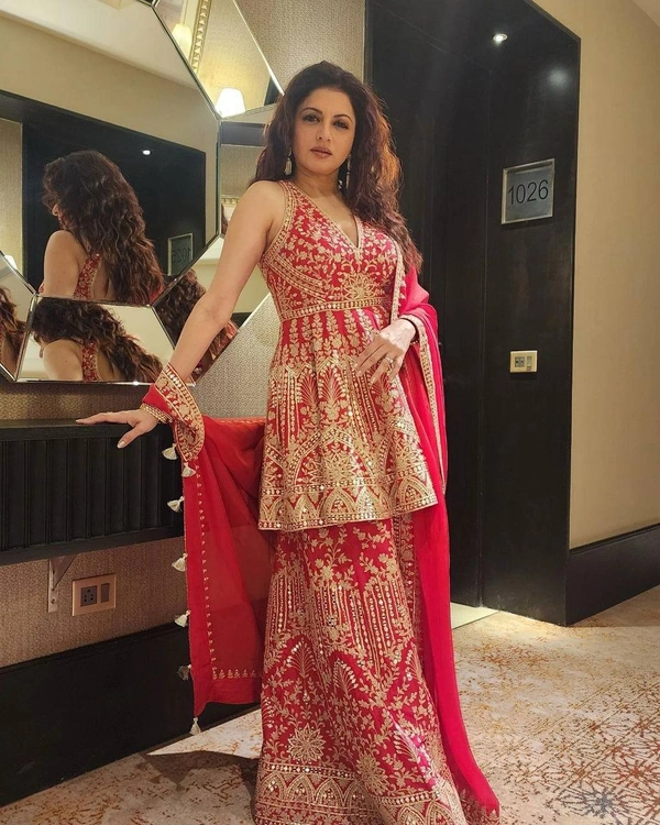 FWVFLC SEQUENCE EMBROIDERY WORK TOP WITH BEAUTIFUL FULLY EMBROIDERED GEORGETTE PLAZZO - XXL-44, Red