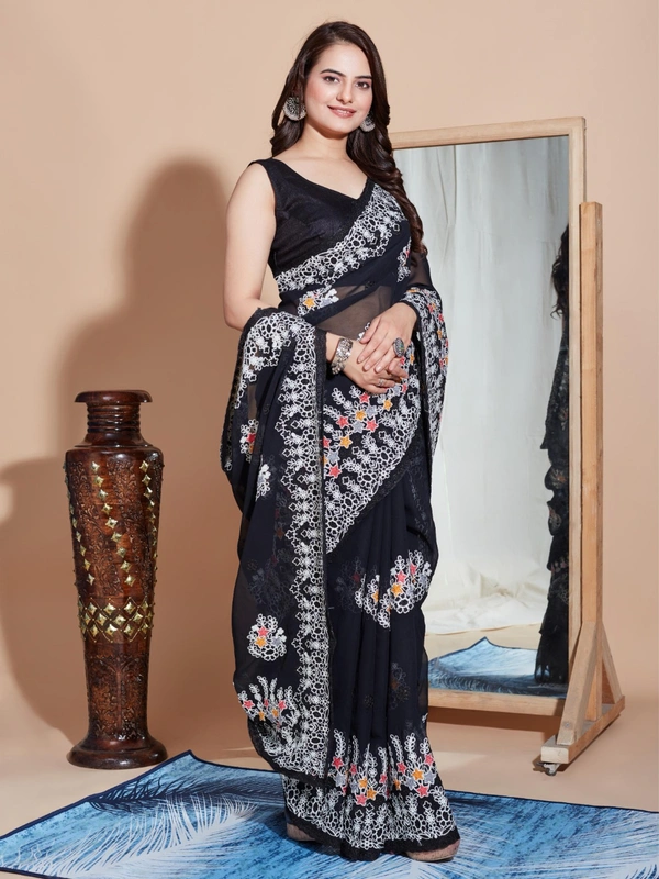 FWVLS PREMIUM SOFT GEORGETTE EMBROIDERY WORK PARTY WEAR SAREE - Black