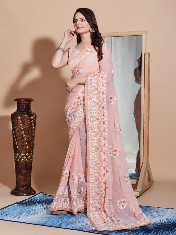 FWVLS PREMIUM SOFT GEORGETTE EMBROIDERY WORK PARTY WEAR SAREE - Orange Pink