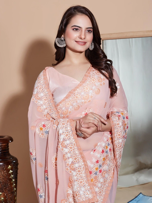 FWVLS PREMIUM SOFT GEORGETTE EMBROIDERY WORK PARTY WEAR SAREE - Orange Pink