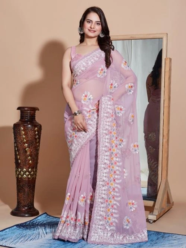 FWVLS PREMIUM SOFT GEORGETTE EMBROIDERY WORK PARTY WEAR SAREE - Lavender Rose