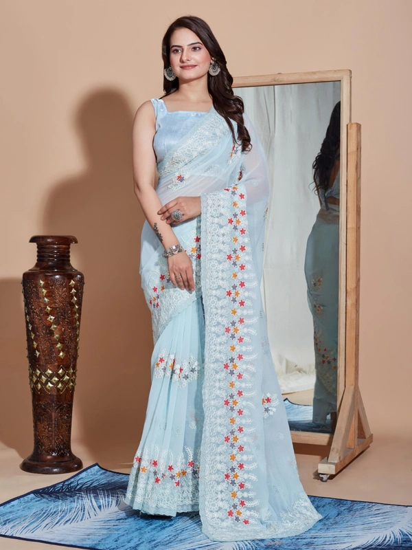 FWVLS PREMIUM SOFT GEORGETTE EMBROIDERY WORK PARTY WEAR SAREE - Cloud Blue