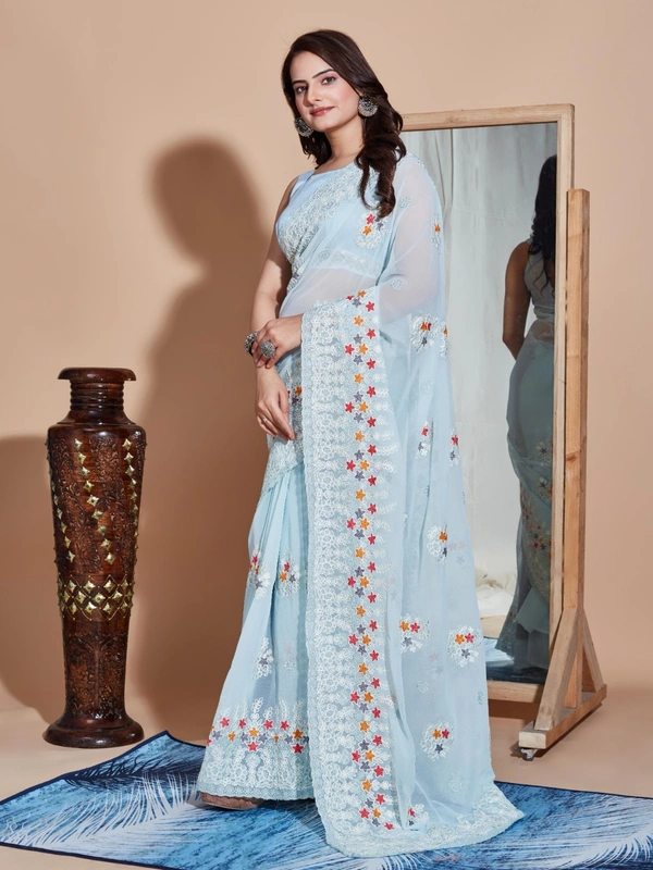 FWVLS PREMIUM SOFT GEORGETTE EMBROIDERY WORK PARTY WEAR SAREE - Cloud Blue