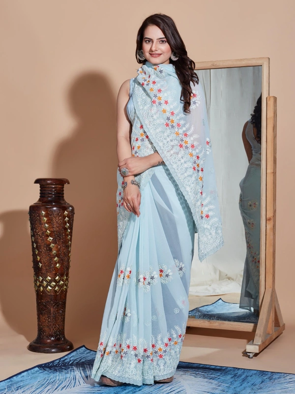 FWVLS PREMIUM SOFT GEORGETTE EMBROIDERY WORK PARTY WEAR SAREE - Cloud Blue