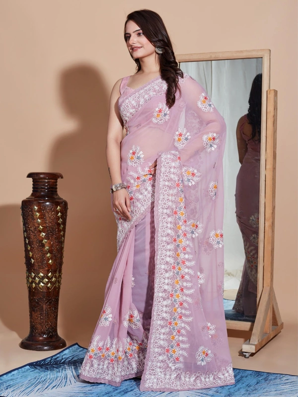 FWVLS PREMIUM SOFT GEORGETTE EMBROIDERY WORK PARTY WEAR SAREE - Lavender Rose