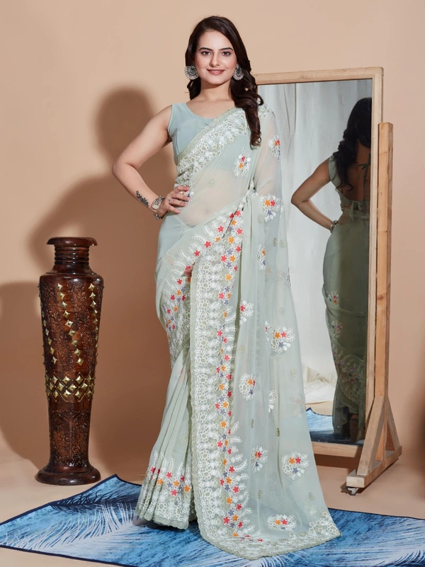 FWVLS PREMIUM SOFT GEORGETTE EMBROIDERY WORK PARTY WEAR SAREE - Ash Grey