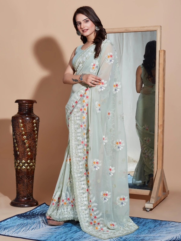 FWVLS PREMIUM SOFT GEORGETTE EMBROIDERY WORK PARTY WEAR SAREE - Ash Grey